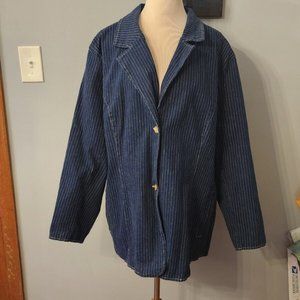 Denim & Co Womens Size 3X Lined Blazer Blue Denim Pin Striped Long Sleeve Button